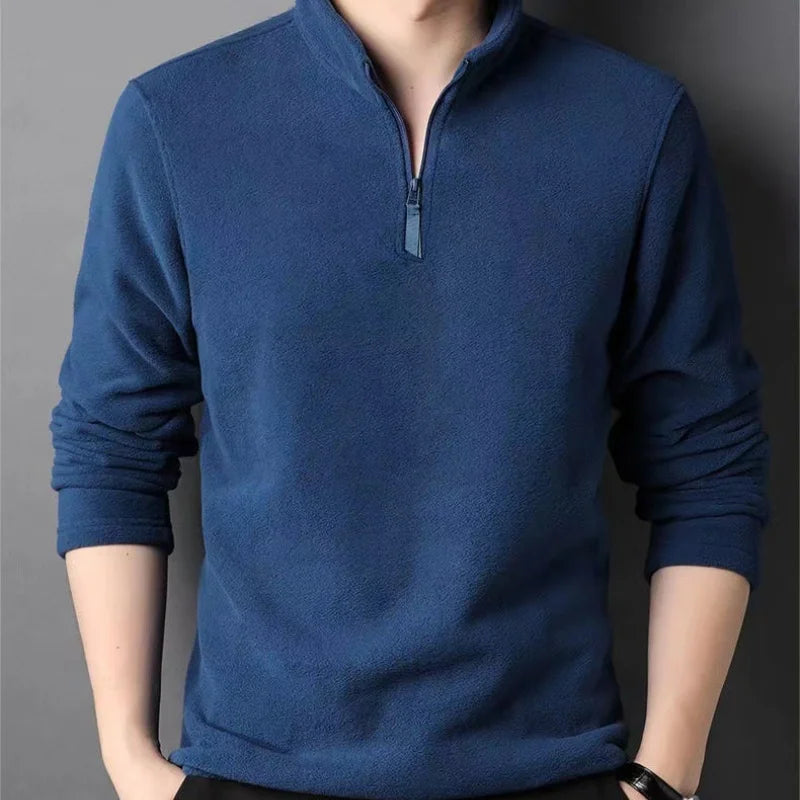 2025 Autumn Winter Men New Warm Polo Shirts Men's Lamb Wool Sweatshirt Standing Neck Half Zip Long Sleeve  Fashion Tees Tops