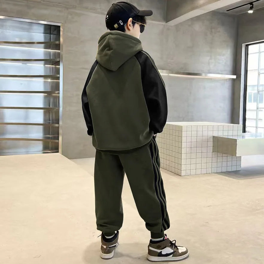 2025 winter autumn Boys Clothes Set cotton Velvet Sweatshirt hooded + Pants Tracksuits Kids Suit Children 4 8 9 10 11 12 14 Year