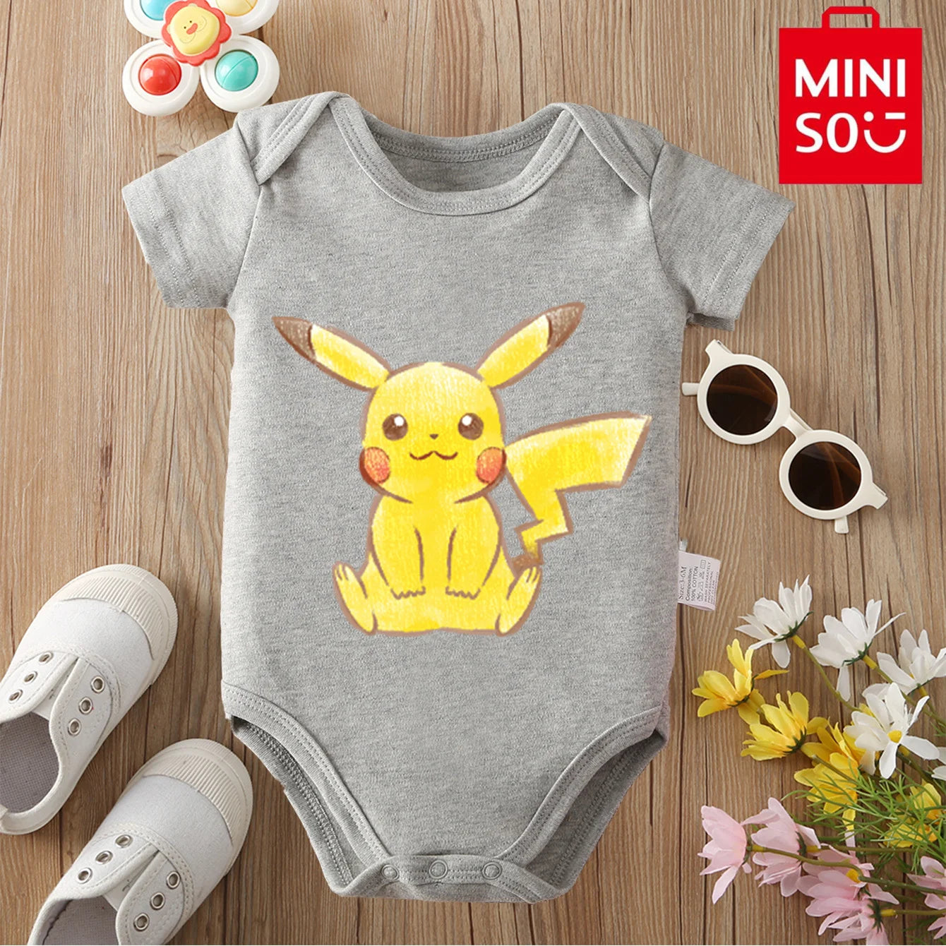 MINISO Pure Cotton Cute Pokemon Pikachu Print Bodysuit Baby Soft Cloths Gift for Baby Onesie Jumpsuit for 0 To 12 Months Newborn
