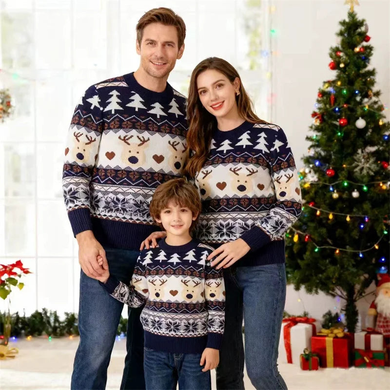 Christmas Family Matching Outfits Boys Girls Adult Cartoon Sweaters Mom Son Thermal Knitwear Autumn Dad  Daughter Pullover