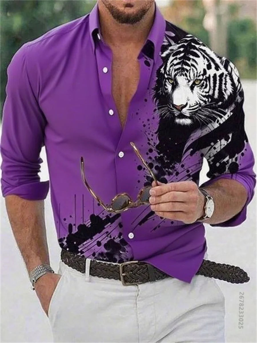 Men's pure color casual tiger 3D print long sleeve shirt, slim without ironing fashionable elastic fabric social essential