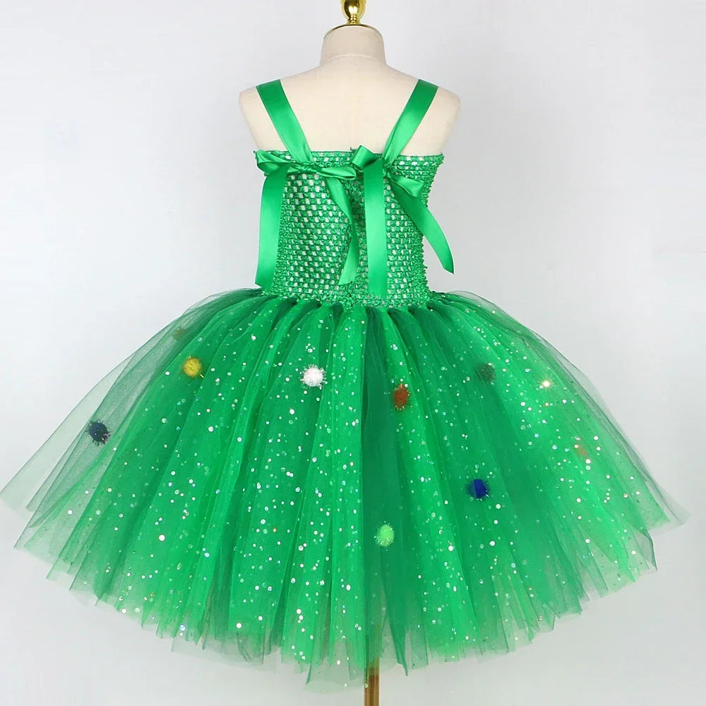 Sparkly Green Christmas Tree Costumes for Girls Flowers Xmas Party Tutu Dress Kids New Year Twinkle Outfit Child Holiday Clothes