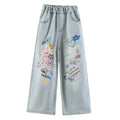 Straight Teen Girl Jeans Loose Graffiti Children Cartoon Jeans High Waist Wide Leg Girls Denim Trousers Kids Children
