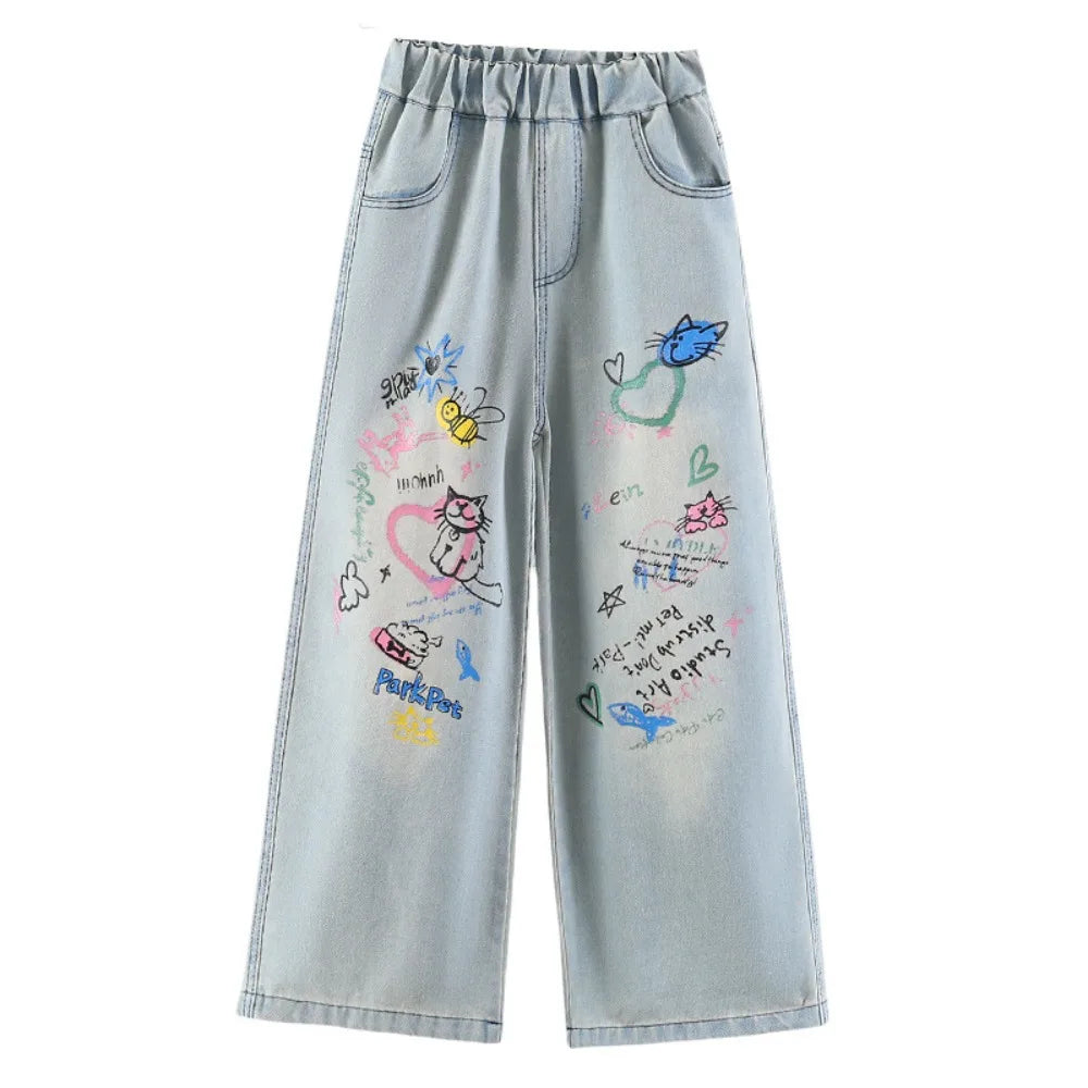 Straight Teen Girl Jeans Loose Graffiti Children Cartoon Jeans High Waist Wide Leg Girls Denim Trousers Kids Children