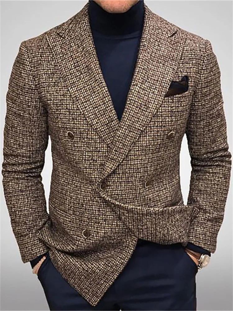 Men's Suit Jackets Double-Breasted Tweed Fabric Chest Bag Retro Gentleman Fashion Business Casual Formal Blazer Autumn Winter