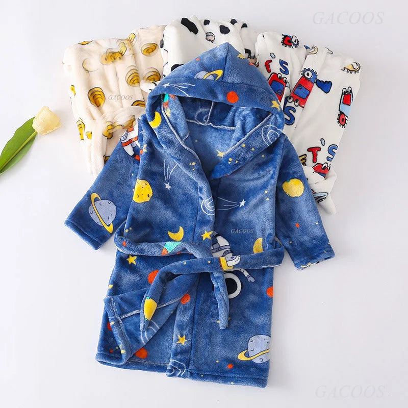 2025 Kids Hooded Flannel Bathrobe Baby Bath Bear Printed Robes Boys Girls Cute Cartoon Soft Warm Pajamas Long Sleeve Towel Robe