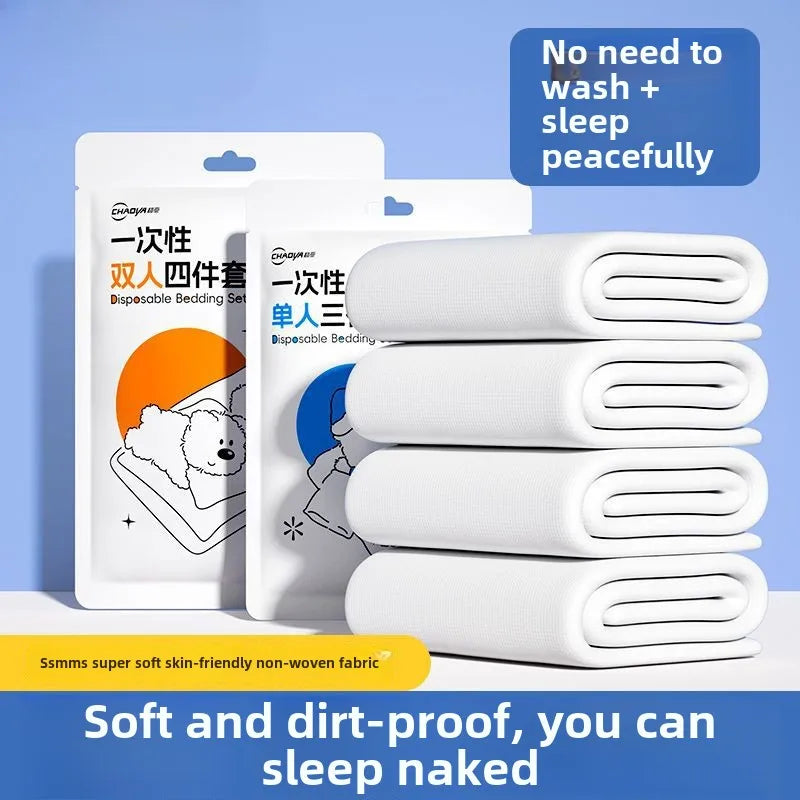 Double Thickened Enlarged Disposable Bed Sheet Set with Pillow Covers 4-Piece Hygienic Bedding for Travel Hospitals and Home Use