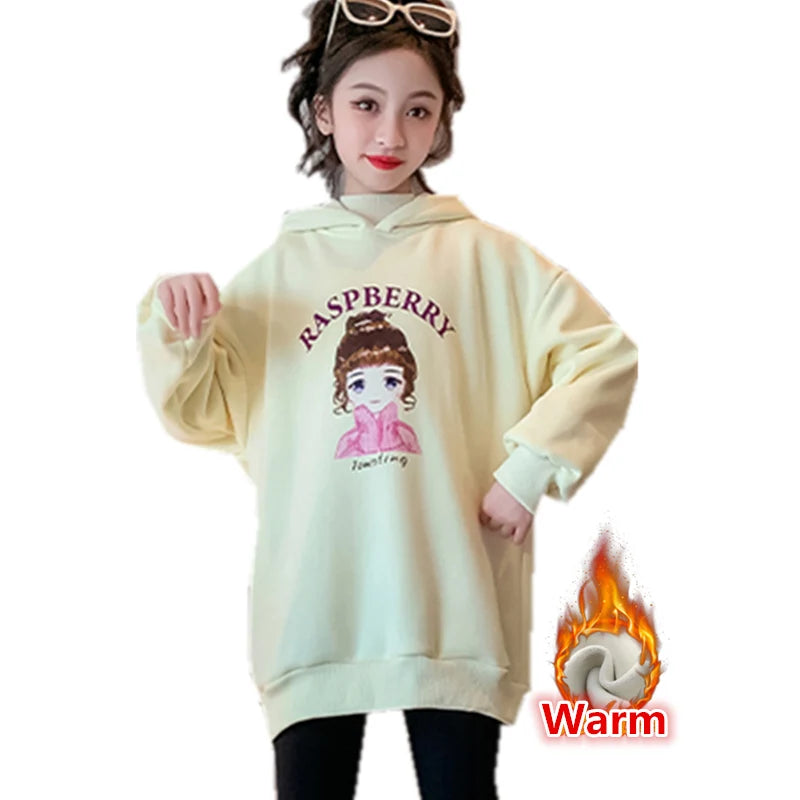 Teenage Girls Hoodies Sweatshirts Cool Girl Warm Insulated Outerwear with Cartoon New Winter Thicken Clothes Cotton Hooded Tops