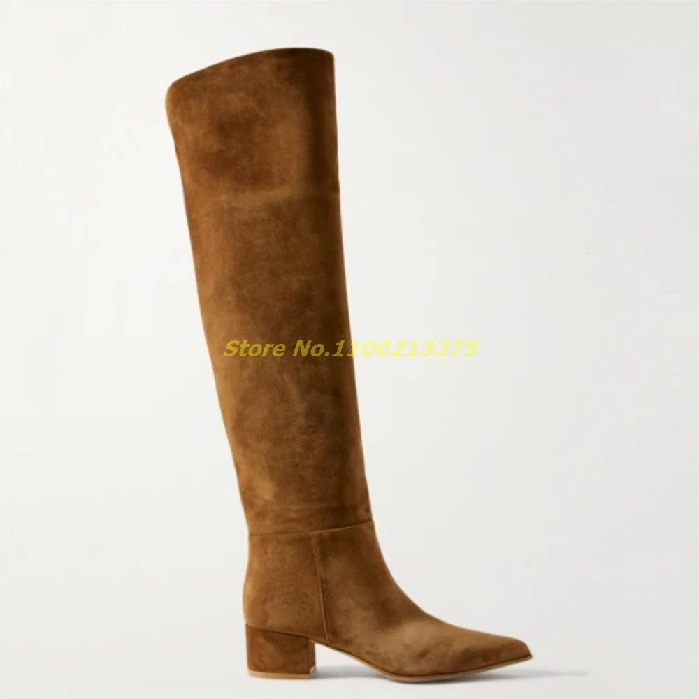 Block Heel Knee High Suede Boots Square High Heel Back Zipper Tan Black Fashion 2025 Winter Women Dress Shoes