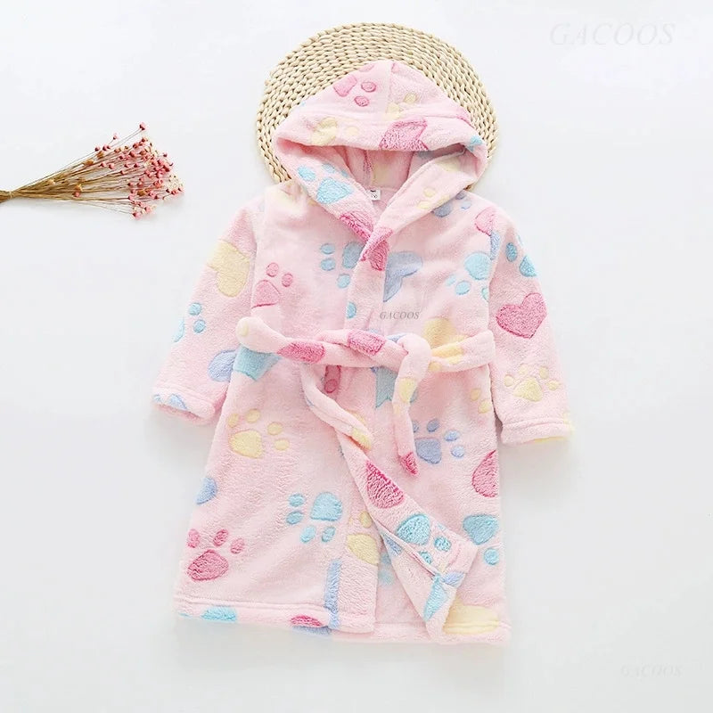 2025 Kids Hooded Flannel Bathrobe Baby Bath Bear Printed Robes Boys Girls Cute Cartoon Soft Warm Pajamas Long Sleeve Towel Robe