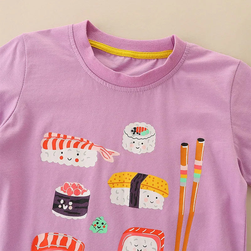 Kids Clothes for Baby Girls Tops Korean Teenagers Purple Blouses T-shirt Cartoon Food Sushi Cotton Chidlren Clothing