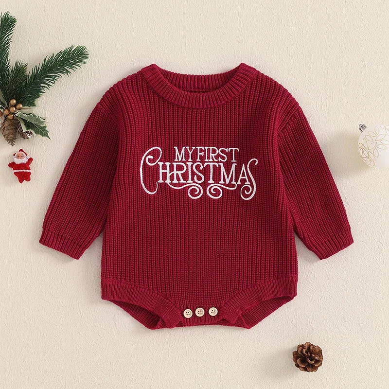 My First Christmas Baby Boys Girls Knit Bodysuits Kids Letter Embroidery Long Sleeve Sweater Romper Jumpsuits Clothes
