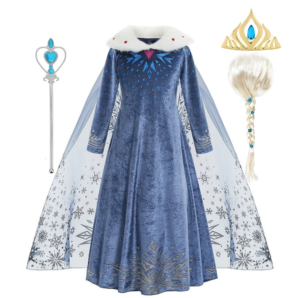 Elsa Costume Girl Blue Dress Long Sleeve Kids Cosplay Princess Dress Up Halloween Birthday Party Outfit