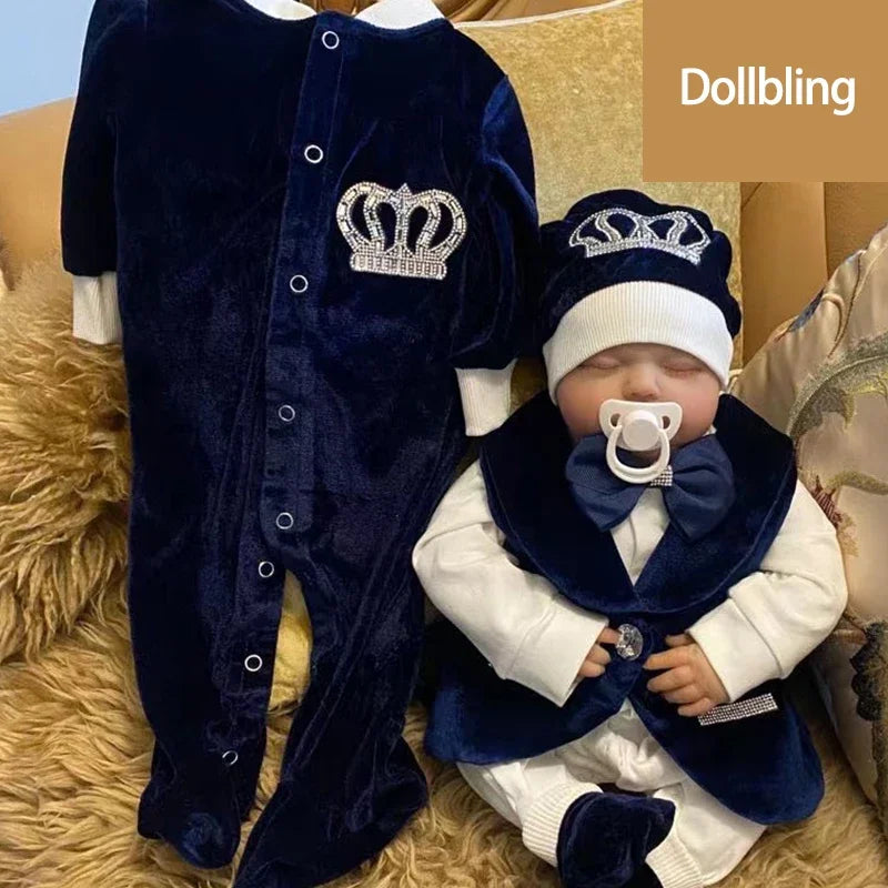 Dollbling Royal Blue Velvet Baby Romper Outfits Set Welcome Home Nursery Infant Nest Luxury Crown Receiving Blanket