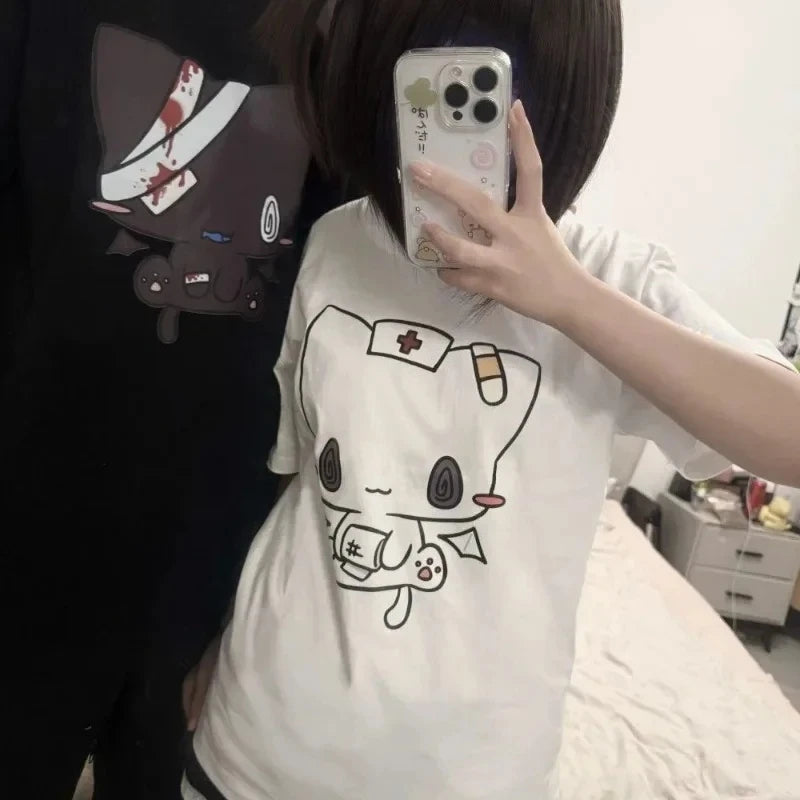 Women T Shirts Cartoon Printed Funny Couple Sweet Short Sleeve O Neck Loose Y2k Harajuku Tops Female Casual Tshirt