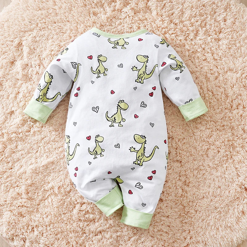 Spring and fall cotton long-sleeved baby clothing green Cartoon dinosaur print 0-18 months baby one-piece  newborn romper