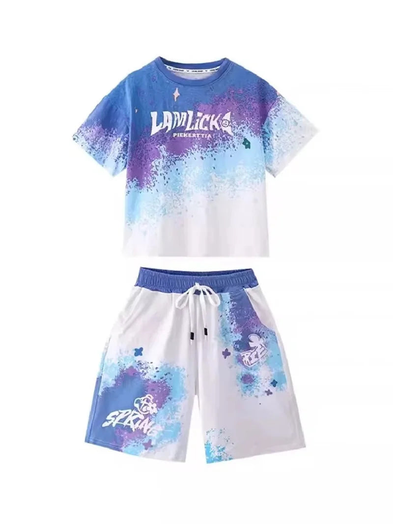 Teen T-shirts Clothes Sets Summer Boys Gradient Short Sleeve Tops+Shorts 2 Pcs Big Kids Casual Suits Children Print Outfits