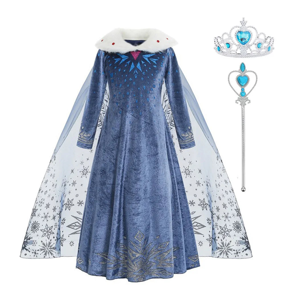 Elsa Costume Girl Blue Dress Long Sleeve Kids Cosplay Princess Dress Up Halloween Birthday Party Outfit