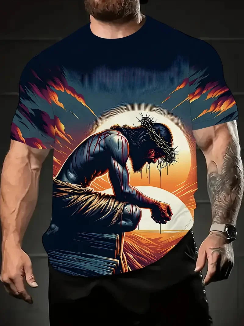 Men's 3D Jesus Print T-Shirt Short Sleeve Casual Crew Neck Praying Hands Design Tshirt For Men New In Oversized Tee Shirt Tops