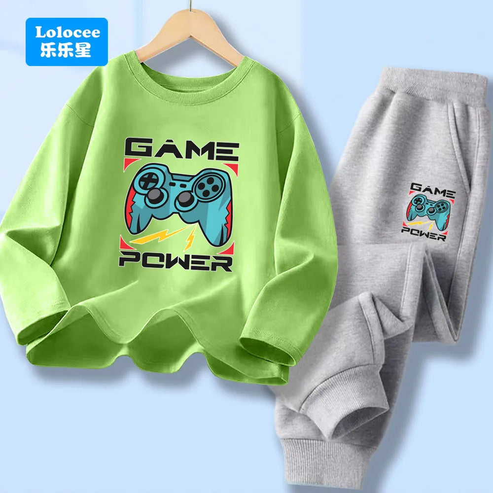 Kids Sport Outfit Teens Spring Autumn Long Sleeve T-shirt Top & Pants 2pcs Sets Boys' Gamepad Printed Tracksuit YXJ01