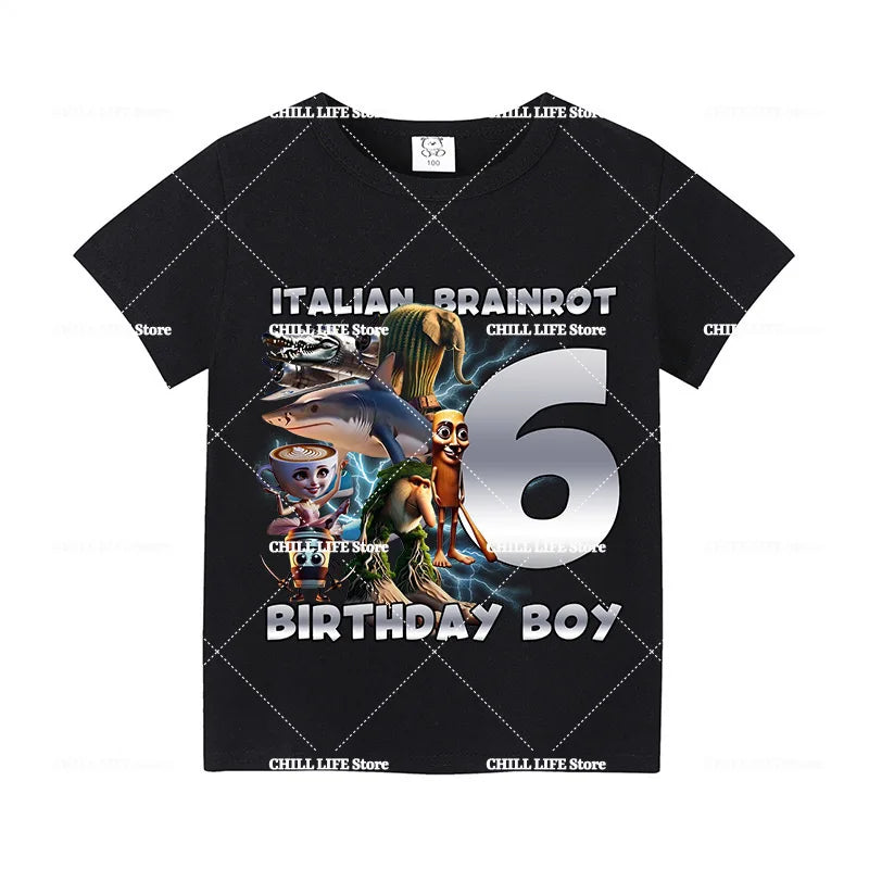 Italian Brainro Kids Birthday Number T-shirts Tung Tung Tung Sahur Summer Clothes Funny Meme Short Sleeves Tops Boys Girls Tees