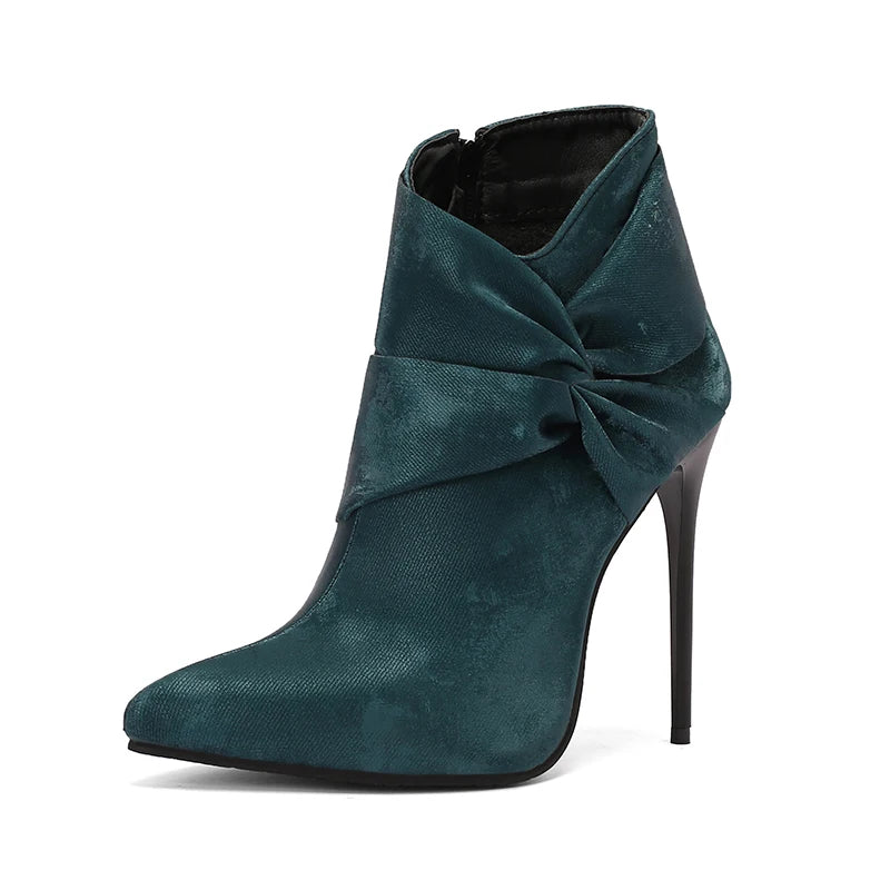 12cm Sexy Stiletto Women's Ankle Boots Twine Bowknot Decor Shoes Super Thin Heels Cloth Short Boots