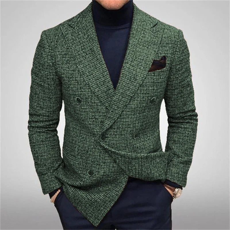 Men's Suit Jackets Double-Breasted Tweed Fabric Chest Bag Retro Gentleman Fashion Business Casual Formal Blazer Autumn Winter