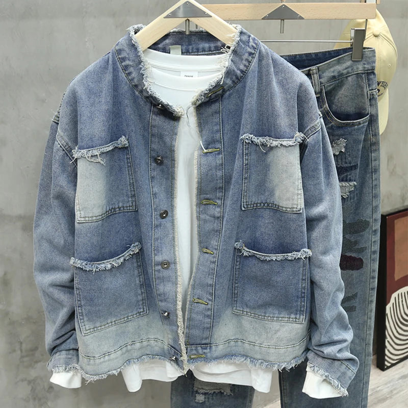 Spring Autumn New Men Fringed Denim Jacket American Retro High Street Pockets Blue Coats Casual Loose Fashion Versatile Tops