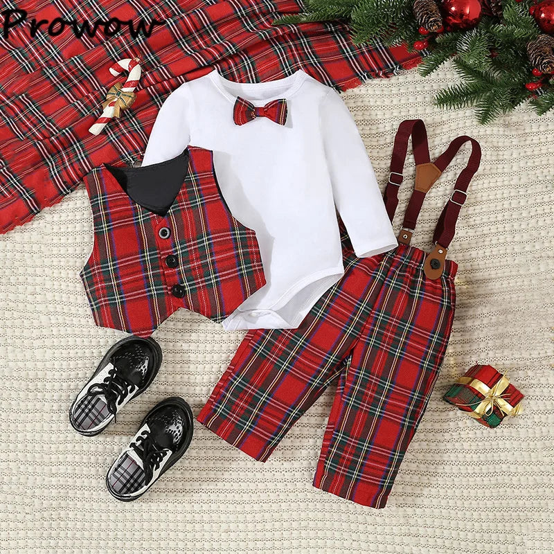 My First Christmas Baby Boys Outfits Necktie Bodysuit+Plaid Waistcoat+Suspender Pants 4pcs Formal Suit For Baby New Year Costume