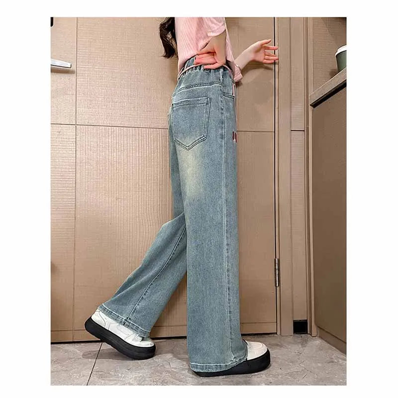New Girls Letter Jeans Spring Autumn Kids Loose Fashion Casual Trousers Children Temperament Elastic Straight Pants 2-12 Years