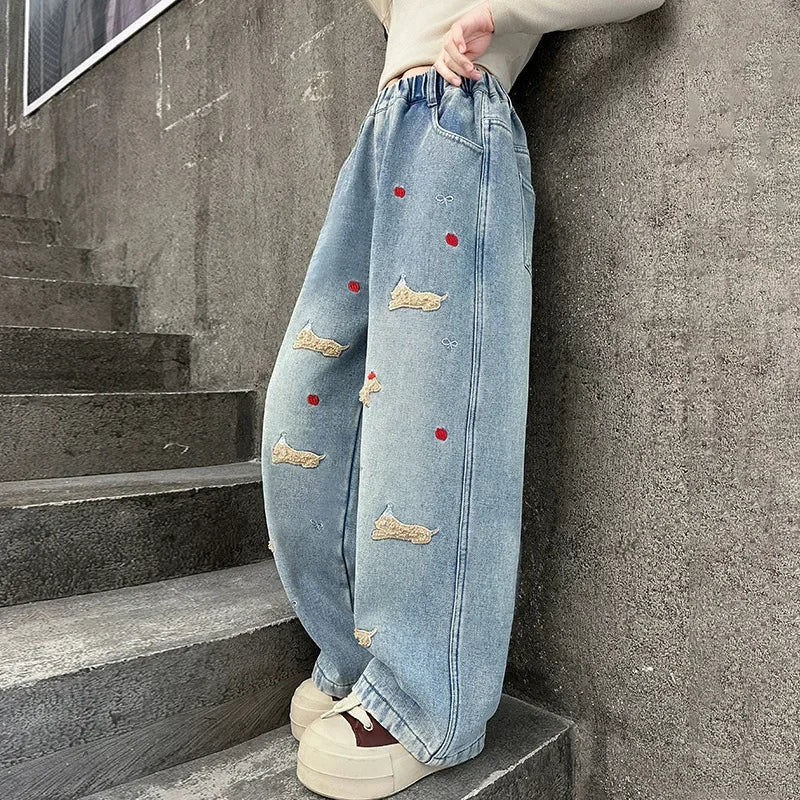 New 4-14 Years Spring Autumn Teenage Girls Jeans Full Print Bow Embroidery Fashion Wide-leg Denim Pants For Kids