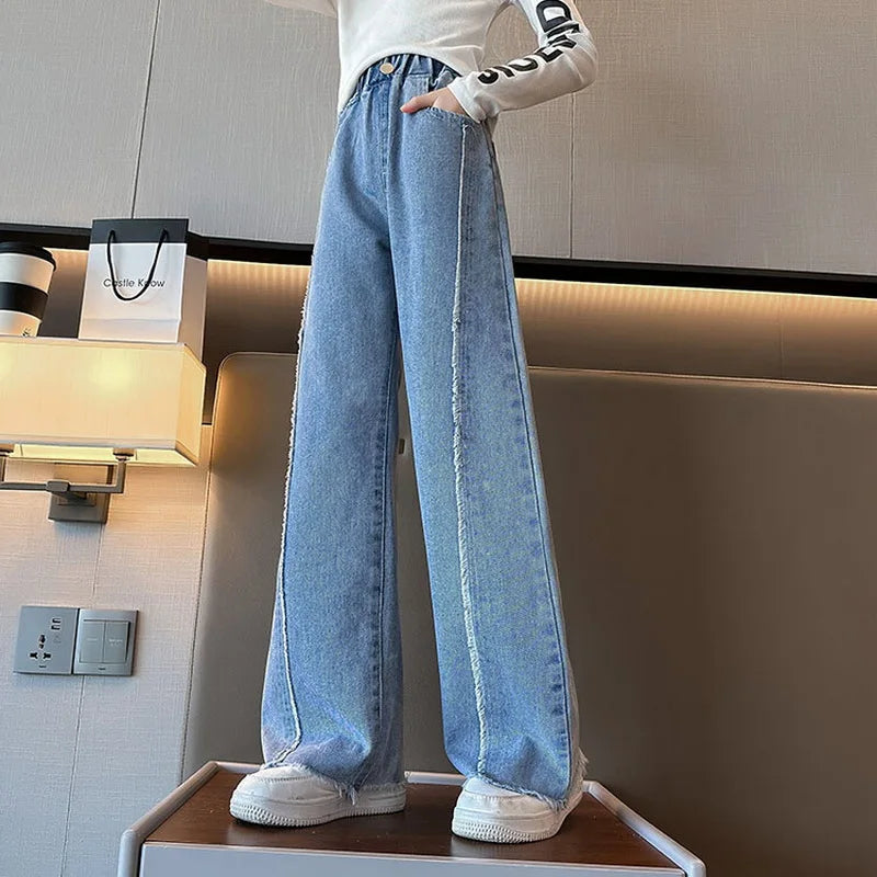 Teenage Girls Jeans 2025 Spring Autumn Casual Fashion Loose Blue Kids Leg Wide Pants School Children Trousers 6 8 10 12 Year