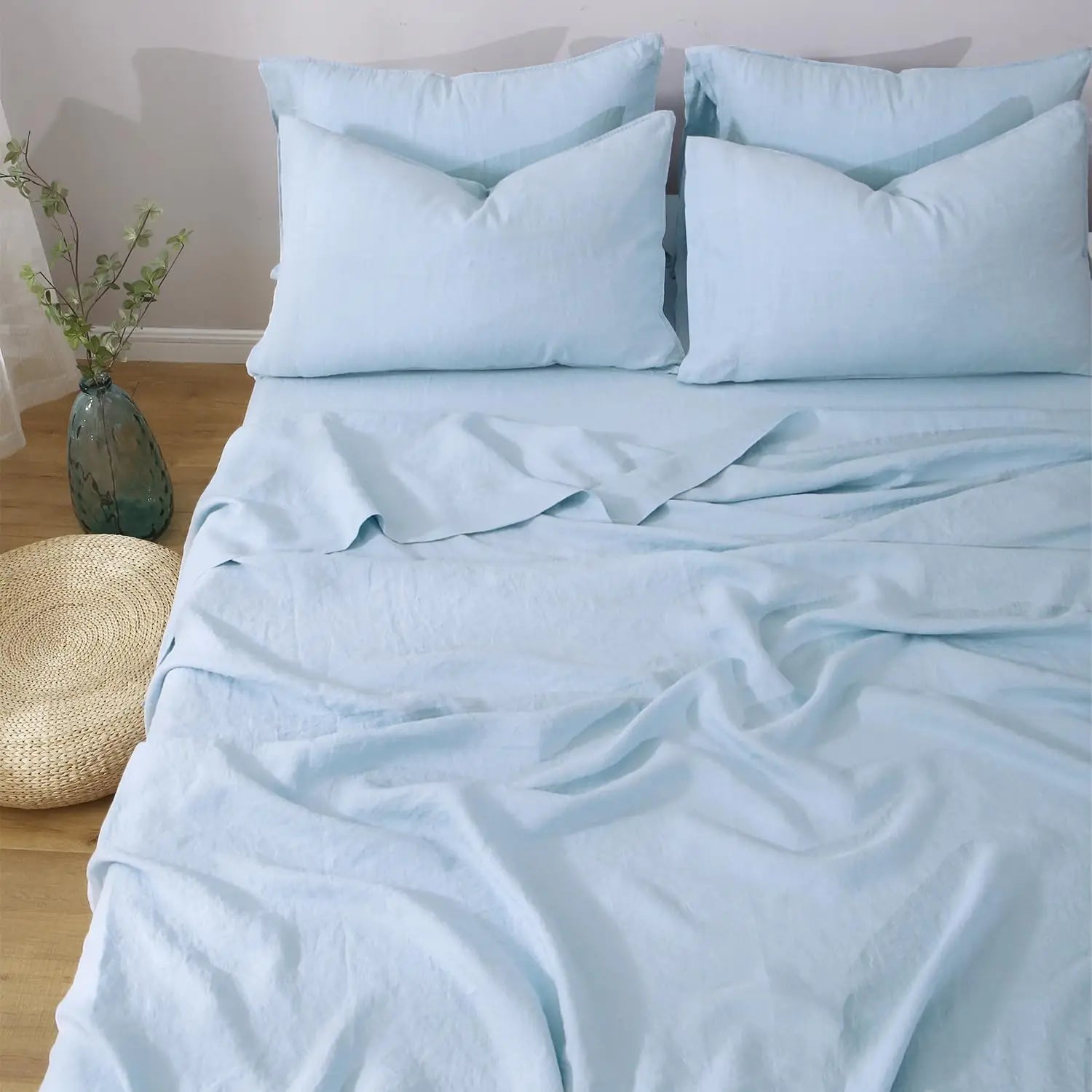 Linen Sheets Set,100% French Stone Washed Pure Linen Bed Sheets, 3 Pieces (1 Flat Sheet, 2 Pillowcase) Suitable for Hot Sleepers