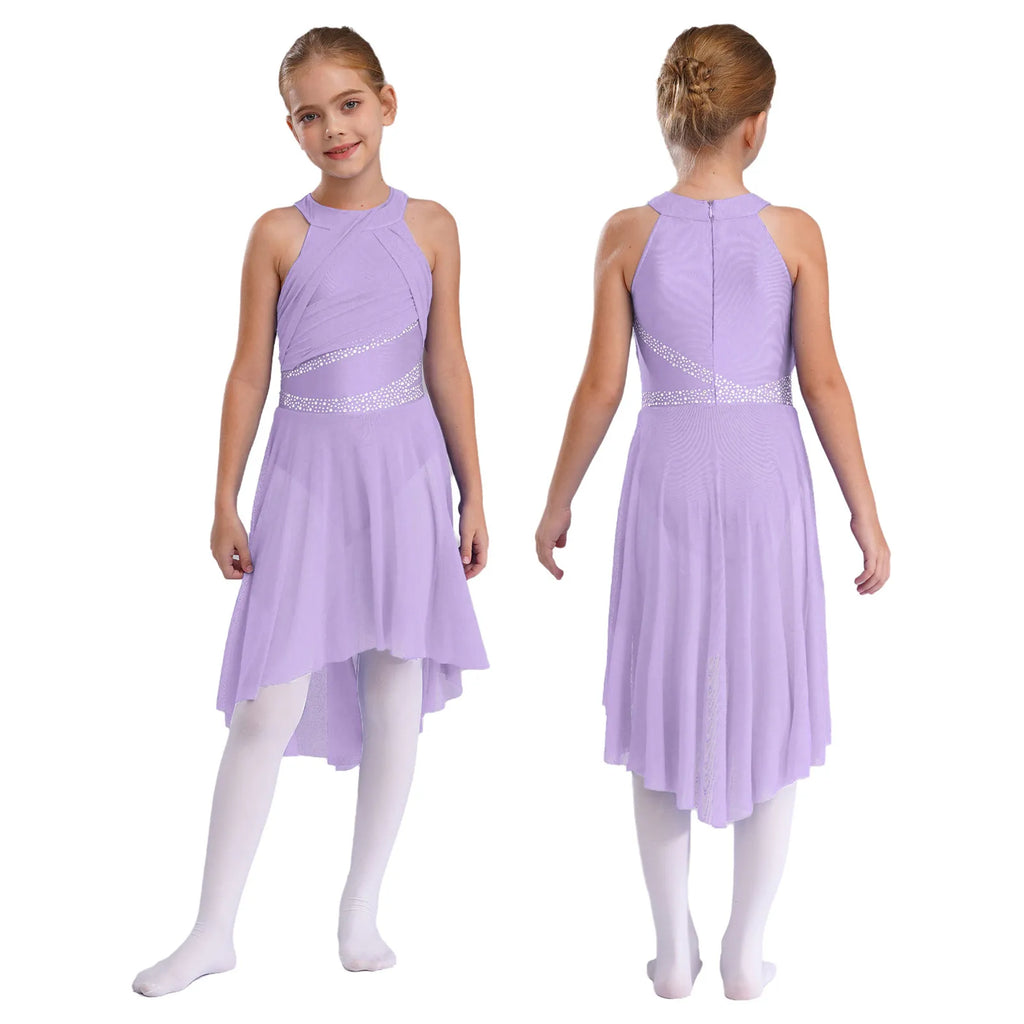 Teen Girls Modern Lyrical Dance Dress Latin Ballet Gymnastics Skating Clothes Sleeveless Shiny Rhinestone Ruched Leotard Tutu