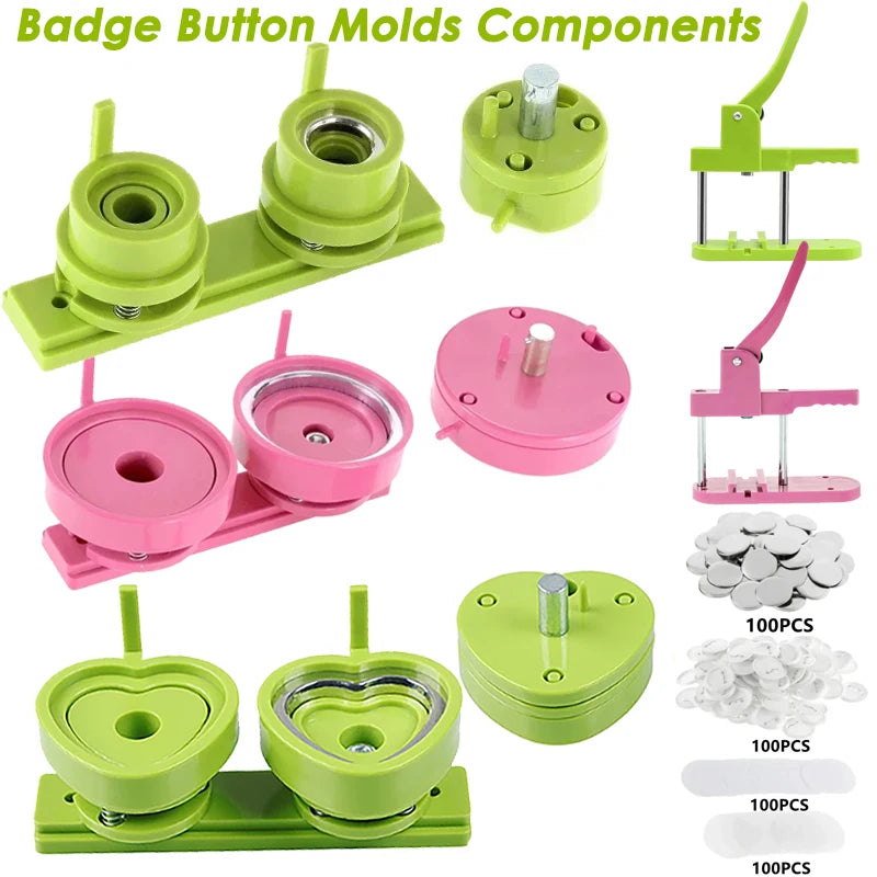 Pink/Green Button Badge Machine Mold Die DIY Round/Heart Pin Badge Making Punch Press Maker 57*53mm Badge Parts For DC108 Series
