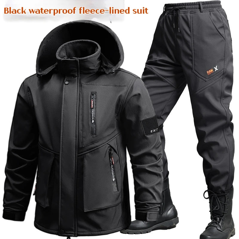 Men's Work Suit Winter Thickened Waterproof Jacket Pants Set Windproof Outdoor Workwear Winter Two Piece Set Jogging Suits Men