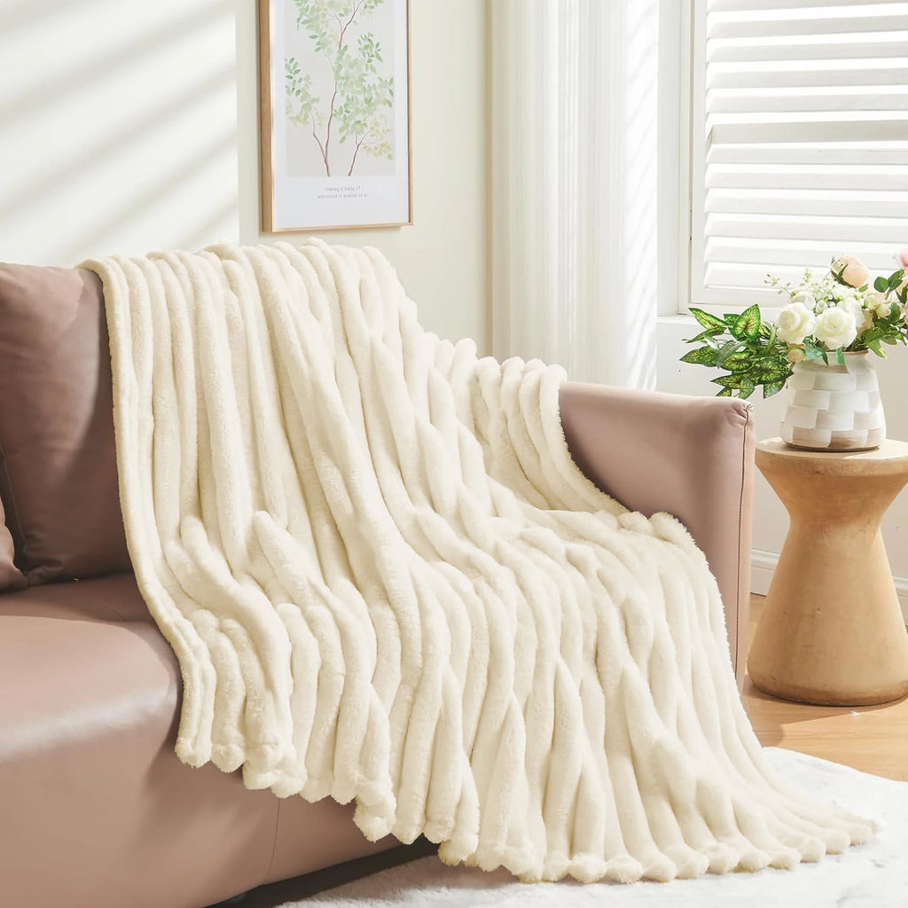 Super Soft Throw Blanket Grey Premium Silky Flannel Fleece 3D Ribbed Jacquard Lightweight Bed Blanket All Season Use