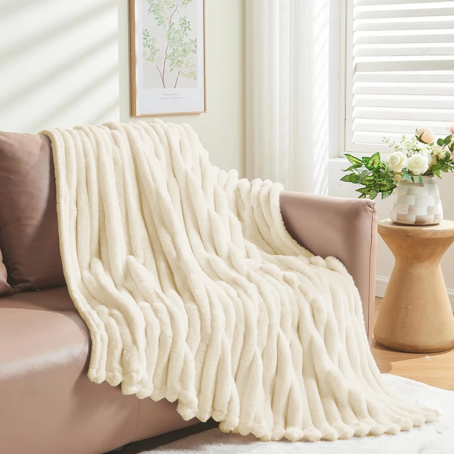 Super Soft Throw Blanket Grey Premium Silky Flannel Fleece 3D Ribbed Jacquard Lightweight Bed Blanket All Season Use