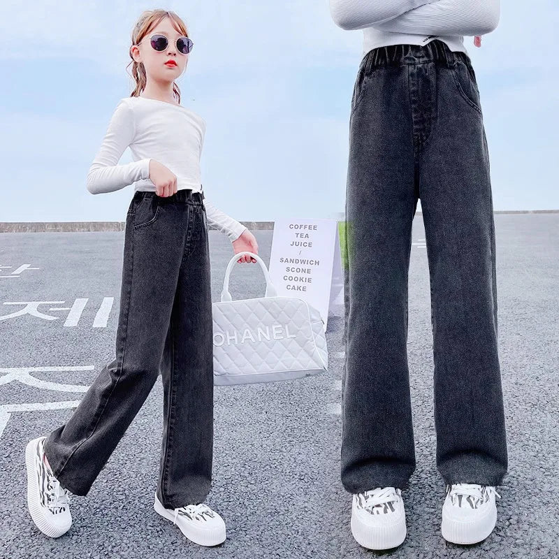 Girls Jeans spring autumn Casual Loose Side Gradient Color Young Children hole Wide Leg Pants3-12Years Teen School Kids Trousers