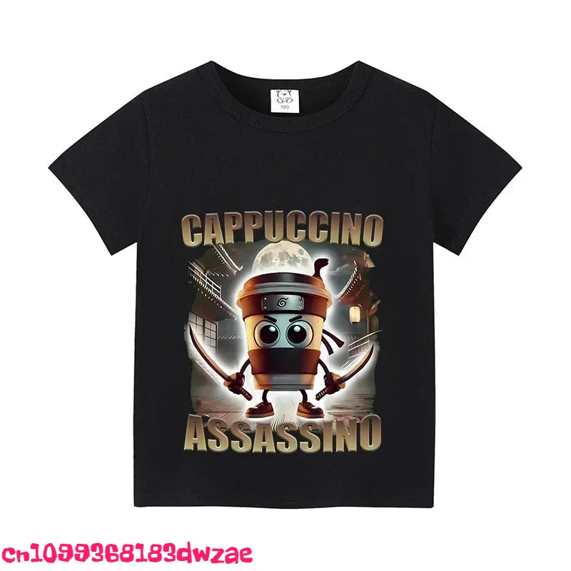 Italian Brainrot Animals Kids Cotton T-shirt Cappuccino Assassino Short Sleeve Tops for Kids Funny Meme Cute Tee Summer Clothing