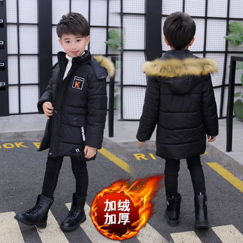 5 6 8 10 12 14 Years Big Boys Jacket Autumn Winter Plus Velvet Warm Teen Kids Jackets Fashion Mid-Length Zipper Hooded Boys Coat