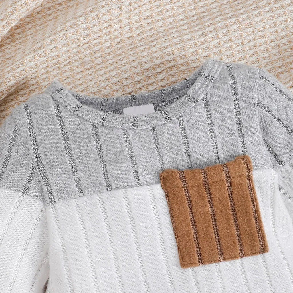 3PCS Newborn Baby Boy Clothes Set Long Sleeved Color Blocked Bodysuit+Gray Pants+Hat Autumn Clothing for Toddlers 1-18 Months