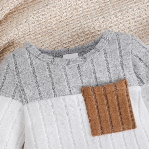 3PCS Newborn Baby Boy Clothes Set Long Sleeved Color Blocked Bodysuit+Gray Pants+Hat Autumn Clothing for Toddlers 1-18 Months