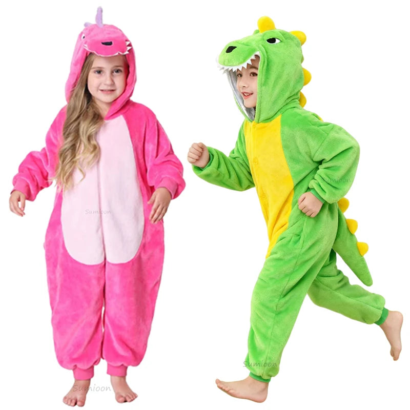 Kids Unicorn Animal Jumpsuits Cartoon Pajamas Cosplay Holiday Costume Cat Panda Flannel Sleepwear for Children Outfits 4-12Yrs