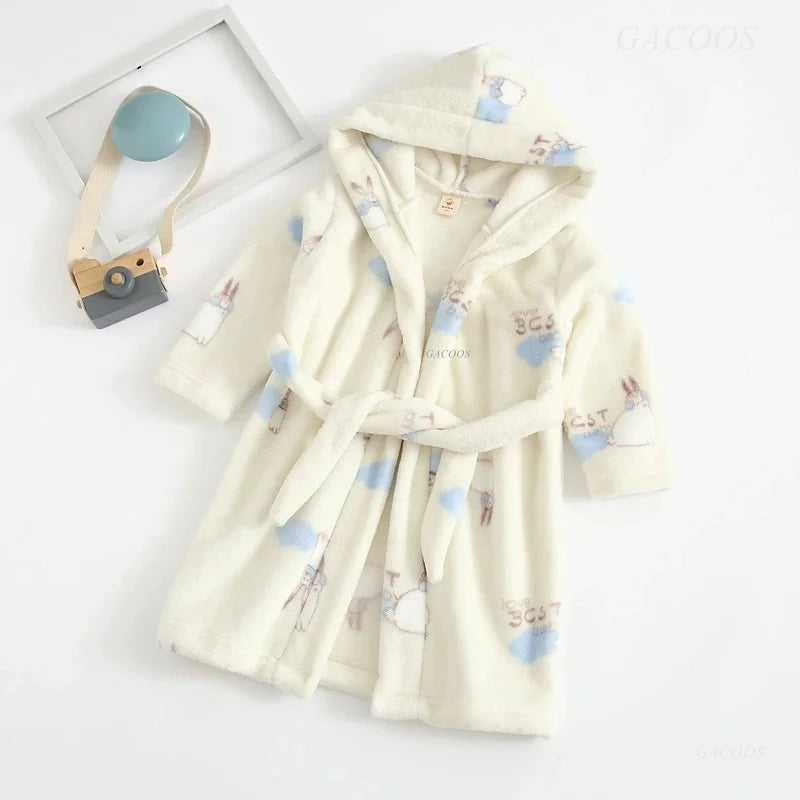 2025 Kids Hooded Flannel Bathrobe Baby Bath Bear Printed Robes Boys Girls Cute Cartoon Soft Warm Pajamas Long Sleeve Towel Robe