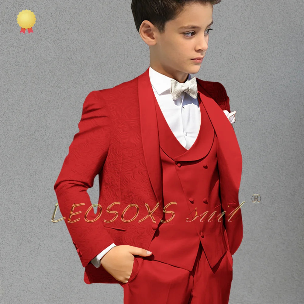 Boys Champagne Jacquard Coat Dress Set (Coat + Vest + Pants) Children Wedding Party Birthday Gift Elegant Gentleman Tuxedo