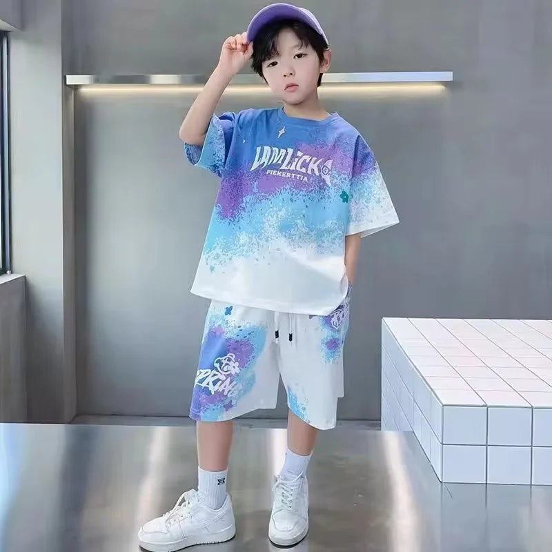 Teen T-shirts Clothes Sets Summer Boys Gradient Short Sleeve Tops+Shorts 2 Pcs Big Kids Casual Suits Children Print Outfits