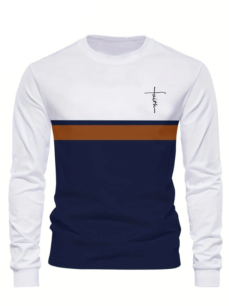 Men's Long Sleeve T-shirt Beige and Black Color-block Design Letter Print Stretchy Autumn Top Casual Basic Long Sleeve Clothing