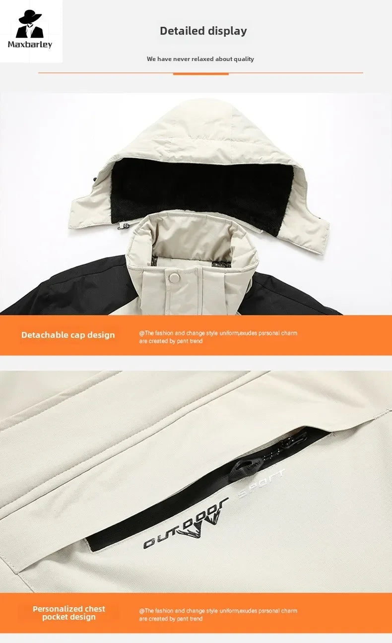 Autumn And Winter Thickened Jacket Men's Casual Waterproof Fleece-lined Parka Coat Outdoor Ski Suit Warm Removable Hooded Coat