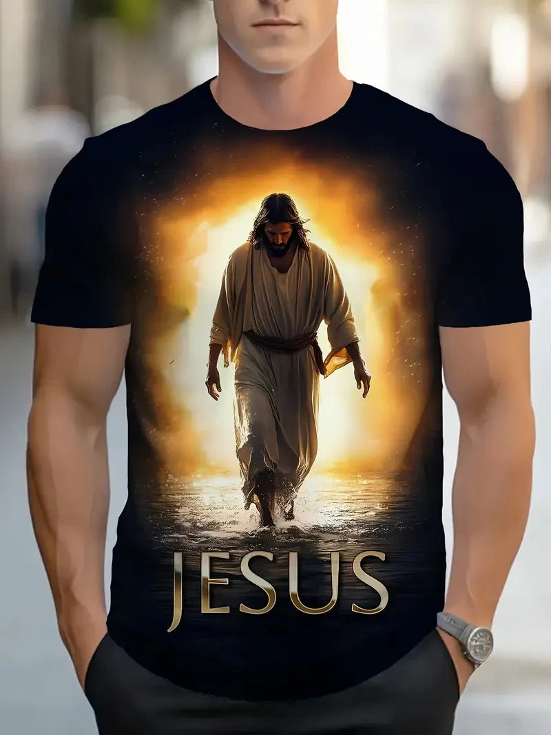 Men's 3D Jesus Print T-Shirt Short Sleeve Casual Crew Neck Praying Hands Design Tshirt For Men New In Oversized Tee Shirt Tops